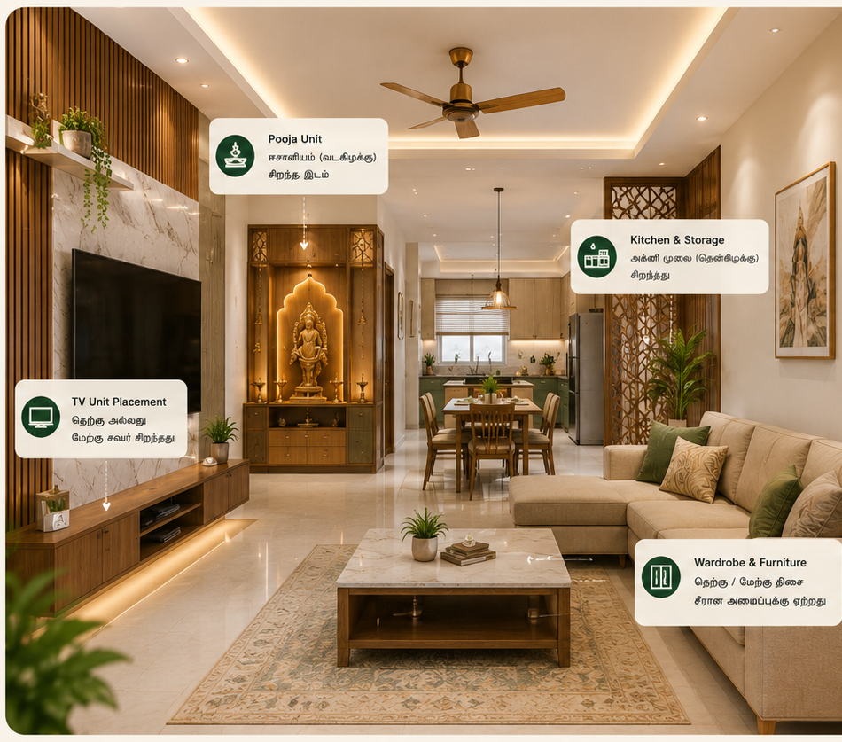Vastu-aware living room with pooja unit, kitchen, TV unit and wardrobe placement